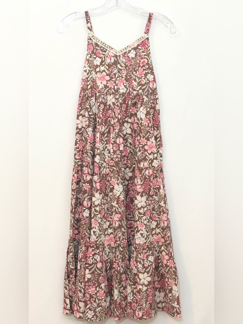 Rachel Zoe Girls Boho Floral Maxi Dress Brown Pink Tiered Lace Trim Size 10